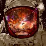Astronaut helmet reflecting a stunning cosmic landscape, captured in a LED Box Frame design.
