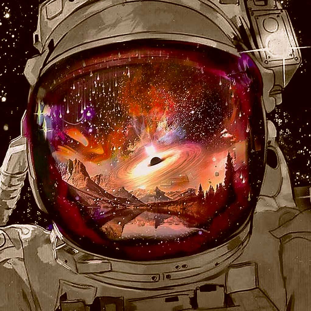 Astronaut helmet reflecting a stunning cosmic landscape, captured in a LED Box Frame design.