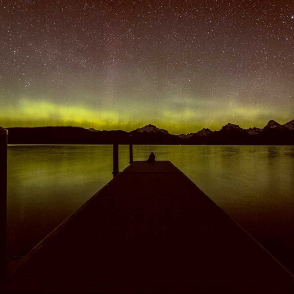 Stunning Northern Lights over a dock at night, perfect for LED Box Frame displays and nature-themed home decor.