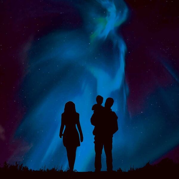 Family watching the Northern Lights, captured in an LED Box Frame, perfect for adding a celestial touch to home decor."