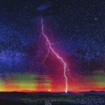 Striking lightning bolt cutting through the night sky, with vibrant aurora and stars, captured in an LED Box Frame.