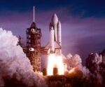Space shuttle launching with powerful flames and smoke, ideal for an LED Box Frame display.