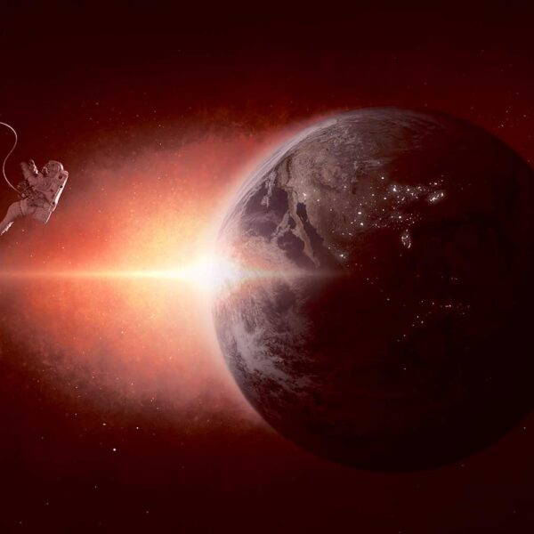 An astronaut floating in space, with a glowing planet in the background, perfect for LED Box Frame displays.