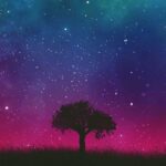 Tree silhouette under a cosmic night sky with vibrant purple, blue, and green hues, captured in an LED Box Frame.
