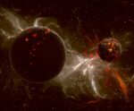 Two erupting planets in space with fiery eruptions and cosmic dust surrounding them, featured in LED Box Frame designs.