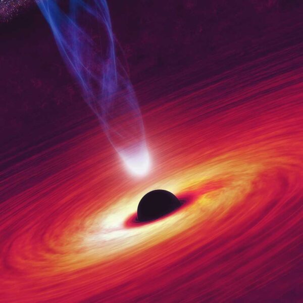 Black hole with swirling gases and light being pulled in, captured in vibrant colors.