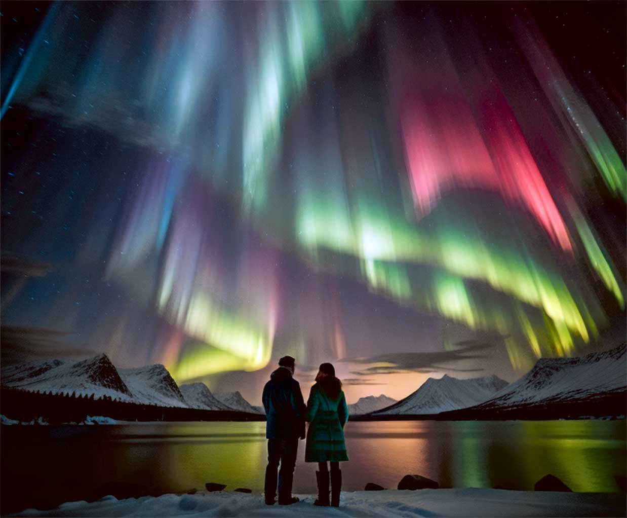 A couple standing in the snow, gazing at the vibrant northern lights in the Arctic sky, with colorful bands of green, pink, and purple lights illuminating the night.