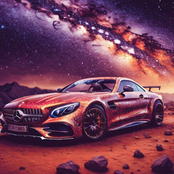 Mercedes sports car in a stunning cosmic backdrop, perfect for an LED Box Frame display that enhances the beauty of luxury vehicles.