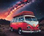 Red Volkswagen camper van under a galaxy sky, perfect for framing with LED Box Frame lighting.