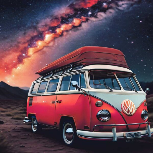 Red Volkswagen camper van under a galaxy sky, perfect for framing with LED Box Frame lighting.