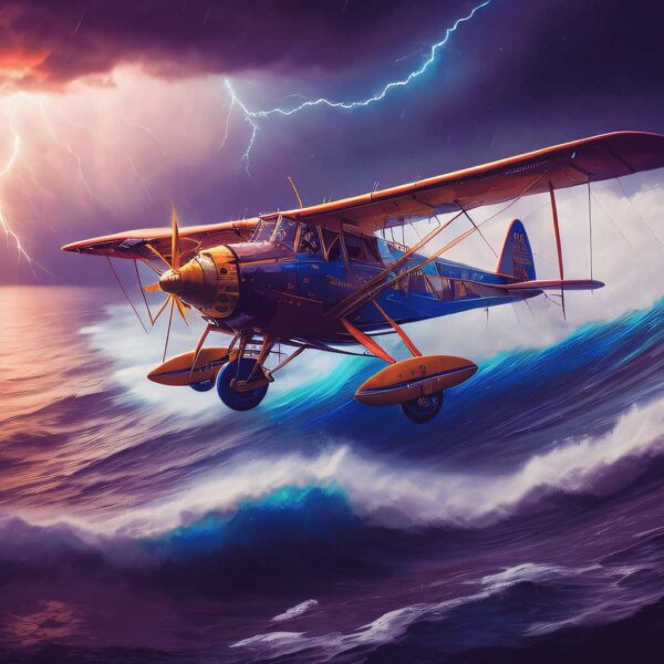 Vintage plane soaring through turbulent stormy skies, illuminated by LED Box Frame lighting.