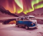 Blue Volkswagen camper van under the stunning Northern Lights in a snowy landscape, illuminated by LED Box Frame lighting.