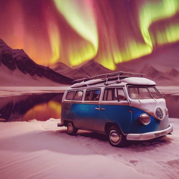 Blue Volkswagen camper van under the stunning Northern Lights in a snowy landscape, illuminated by LED Box Frame lighting.