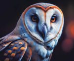 Close-up of a barn owl with striking orange eyes and detailed feathers, illuminated by LED Box Frame lighting.
