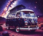 Classic Volkswagen camper van with a galaxy design, displayed in a LED Box Frame for a unique, travel-inspired home decor.