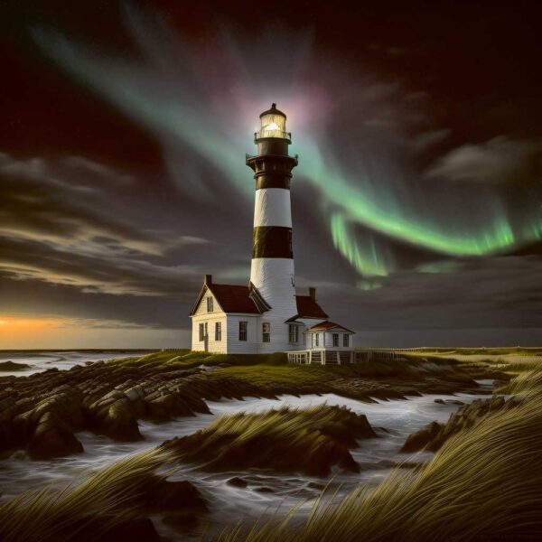 A black and white lighthouse lit under the aurora borealis with ocean waves and a glowing horizon