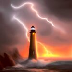 A lighthouse stands tall amidst crashing waves and vivid lightning strikes during a fiery sunset