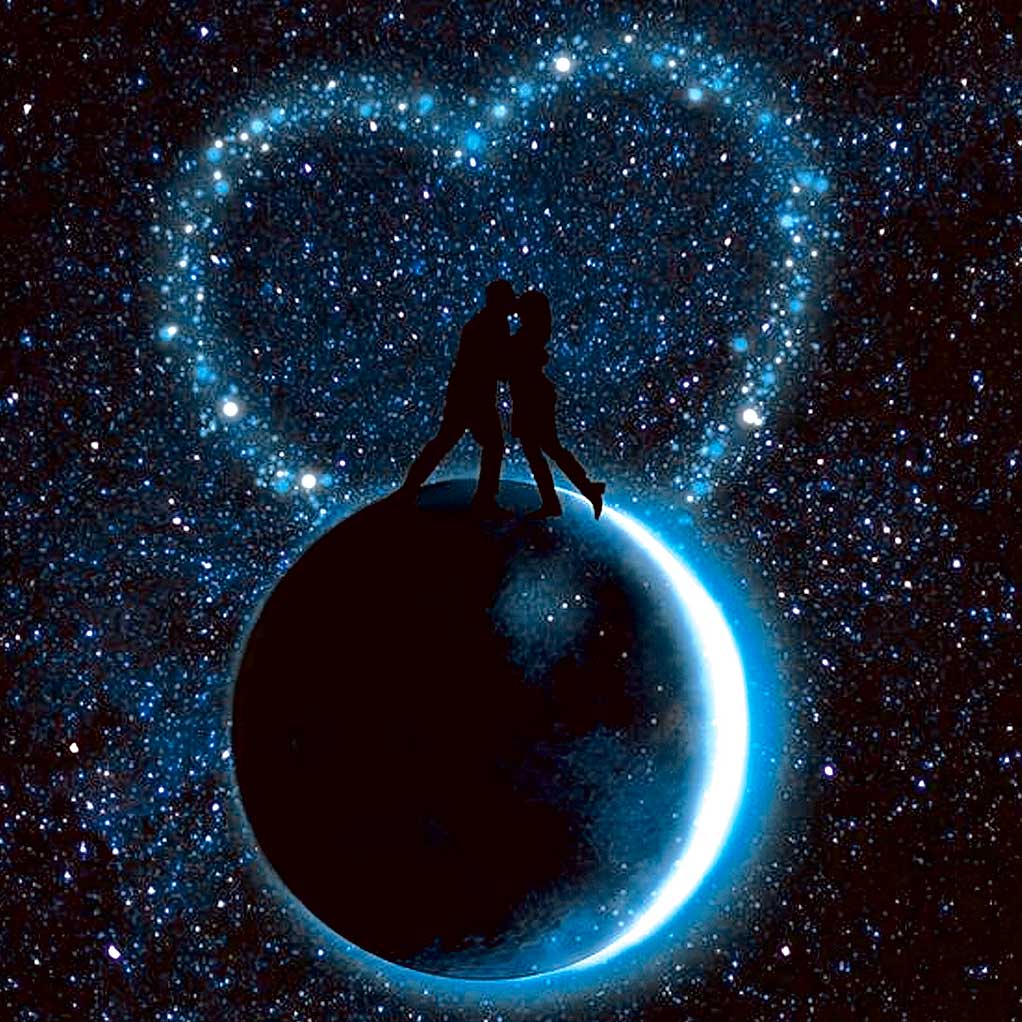 Couple in silhouette standing on the moon, surrounded by a starry sky with a heart-shaped glow, captured for display in an LED Box Frame that brings romance and celestial beauty to your home.