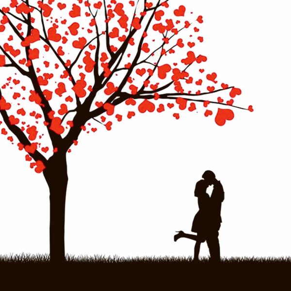 Romantic silhouette of a couple under a heart-shaped tree, displayed in a customizable LED Box Frame, perfect for enhancing your home decor with love and elegance.
