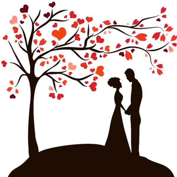 Romantic silhouette of a couple holding hands beneath a heart-shaped tree, captured in an eco-friendly LED Box Frame, perfect for adding warmth and love to any space.