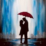 A romantic couple sharing a kiss under a red umbrella in the rain, set against a cityscape, ideal for display in an LED Box Frame that brings warmth and romance to your home decor.