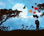 A romantic scene under the moon with a couple holding hands and releasing heart-shaped balloons, surrounded by trees, a bicycle, and fluttering butterflies, captured in an LED Box Frame.