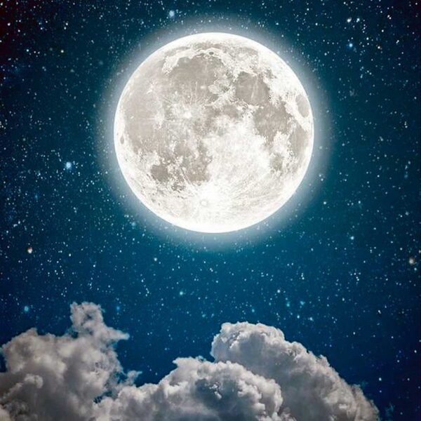 Full moon glowing brightly in a starry sky with soft clouds, perfect for LED Box Frame display.