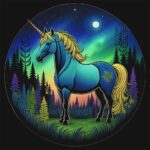 Blue unicorn with golden mane in a glowing forest under a moonlit sky and aurora lights