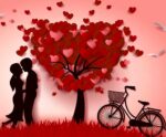 Romantic heart-shaped tree with silhouettes of a couple, a bicycle, and flying birds, perfect for displaying in a customizable LED Box Frame.
