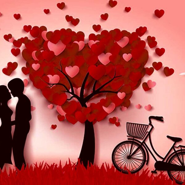 Romantic heart-shaped tree with silhouettes of a couple, a bicycle, and flying birds, perfect for displaying in a customizable LED Box Frame.