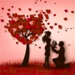 Romantic silhouette of a couple surrounded by heart-shaped petals falling from a love tree, captured in an LED Box Frame to enhance your home decor with warmth and affection.