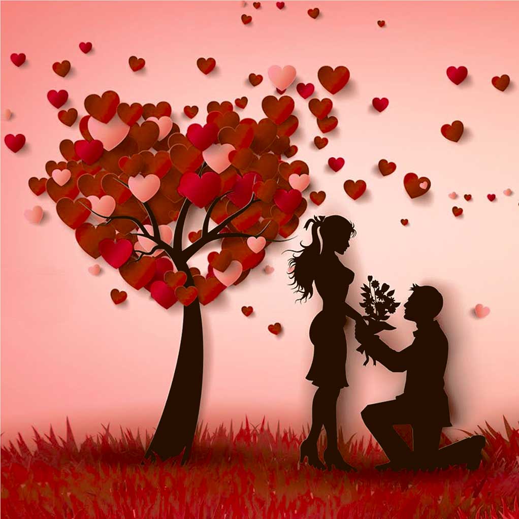 Romantic silhouette of a couple surrounded by heart-shaped petals falling from a love tree, captured in an LED Box Frame to enhance your home decor with warmth and affection.