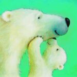 A heartwarming image of a polar bear and her cub sharing a tender moment, with a soft green background highlighting their affectionate bond.