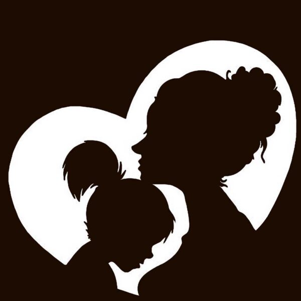 Silhouette of a mother and daughter within a heart-shaped frame, symbolizing love and togetherness, ideal for display in an LED Box Frame.