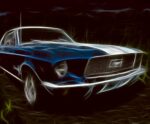 A glowing neon-style illustration of a vintage blue Ford Mustang, set against a dark electric background with abstract streaks of green and gold light.
