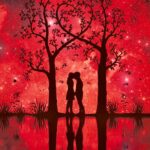 Silhouette of a couple sharing a kiss beneath a starry sky, framed by two trees, reflected in a tranquil lake, captured in an LED Box Frame for a romantic home decor piece.