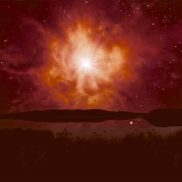 A vibrant 3D rendering of a nebula, glowing with intense red, orange, and purple hues, set against a starry sky.