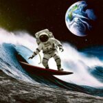 An astronaut surfing a wave in space with Earth in the background, combining space exploration and the thrill of surfing in a surreal cosmic scene.