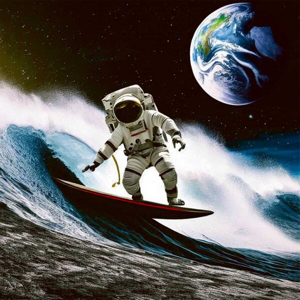 An astronaut surfing a wave in space with Earth in the background, combining space exploration and the thrill of surfing in a surreal cosmic scene.