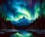 Stunning northern lights dance above snow-capped mountains, with vibrant greens and purples illuminating the sky and reflecting in the serene, dark waters below.