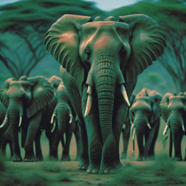 A herd of majestic elephants walking through the African savanna, with their massive bodies standing out against the green landscape.