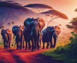 Elephants walking through the African savanna, captured in a stunning wildlife scene, displayed in a custom LED Box Frame that enhances the natural beauty and vibrancy of this majestic moment.