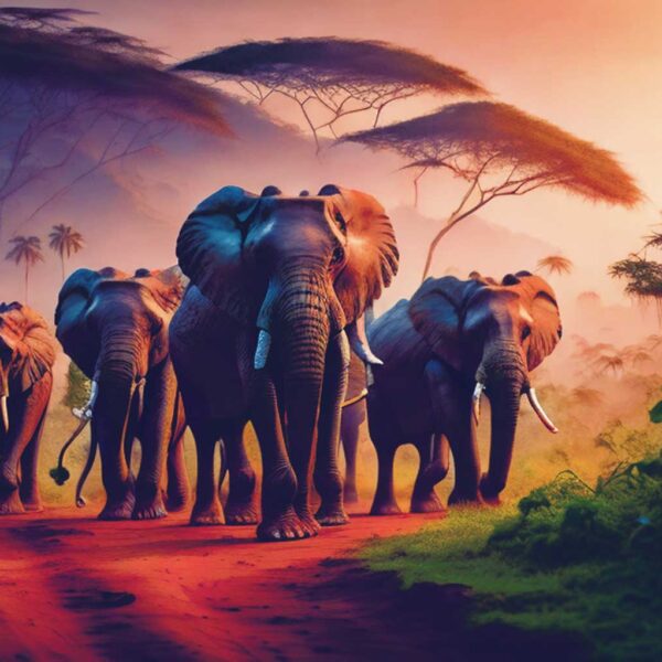 Elephants walking through the African savanna, captured in a stunning wildlife scene, displayed in a custom LED Box Frame that enhances the natural beauty and vibrancy of this majestic moment.