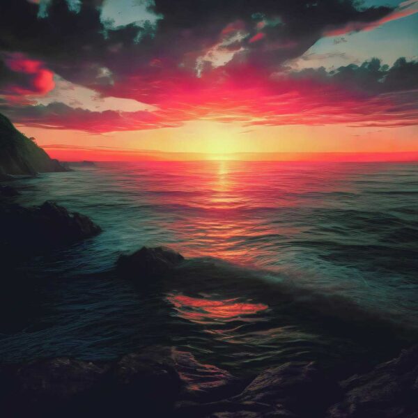 A mesmerizing sunset over the ocean with vibrant colors reflecting on the calm water, framed by cliffs on the shore.