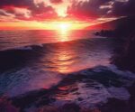 A stunning sunset over the ocean, with waves crashing against the shore, casting a vibrant glow on the sky and water.