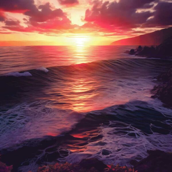 A stunning sunset over the ocean, with waves crashing against the shore, casting a vibrant glow on the sky and water.