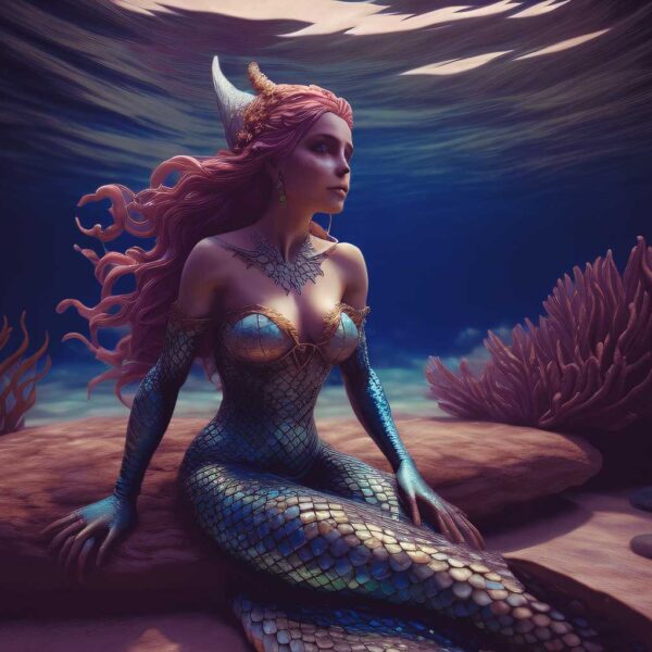 A beautiful mermaid with flowing red hair, gracefully seated underwater, surrounded by coral, radiating a serene and mystical aura.