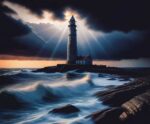 A lighthouse standing strong on a rocky shore as rays of sunlight pierce through the stormy clouds, illuminating the turbulent sea.