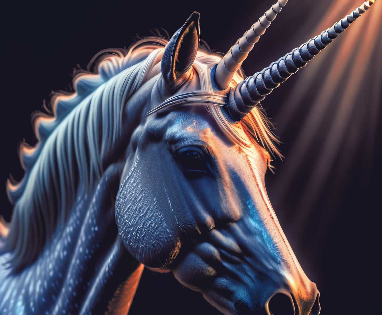 A majestic unicorn with a shining horn, captured in a dramatic light, showcasing its powerful and mystical presence.