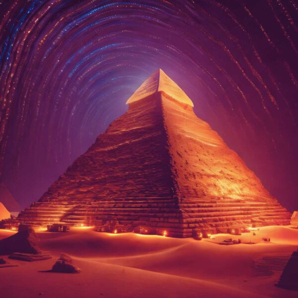 A glowing pyramid in the desert under a starry sky with colorful light trails creating a mesmerizing pattern above it.